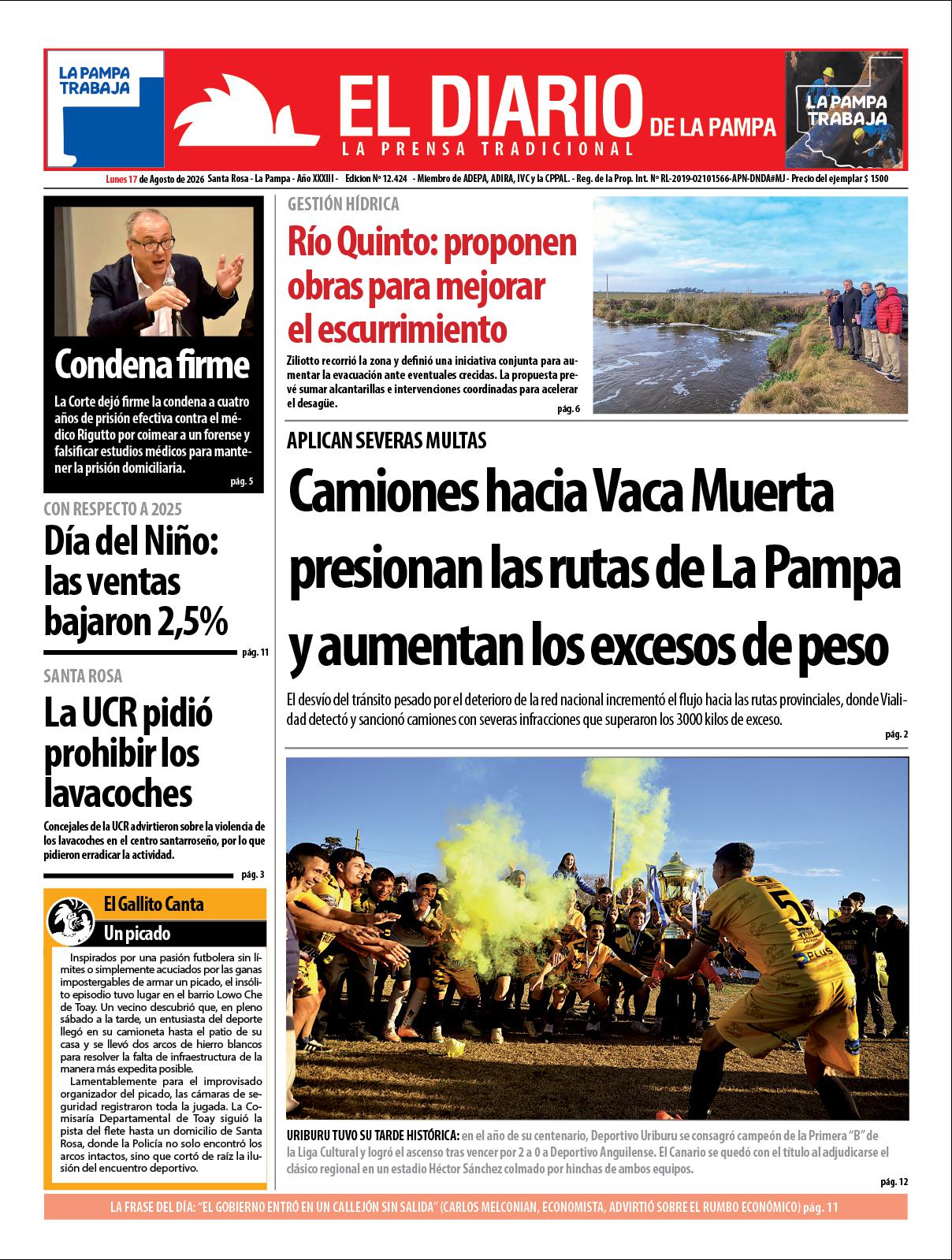 Tapa de El Diario en papel  lunes 17 de agosto de 2026